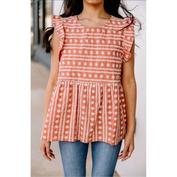 Umgee Tops - Umgee Floral Embroidered Short Flutter Sleeve Babydoll Top Coral Orange M Boho